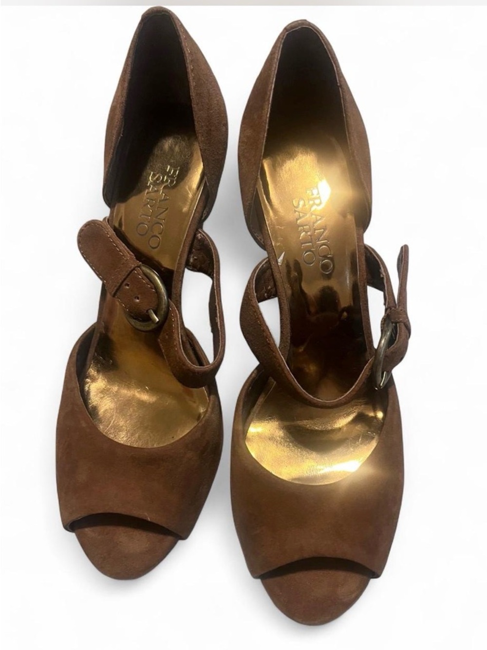 Franco Sarto Brown Suede Peep-Toe‎ Heels with Ankle Strap